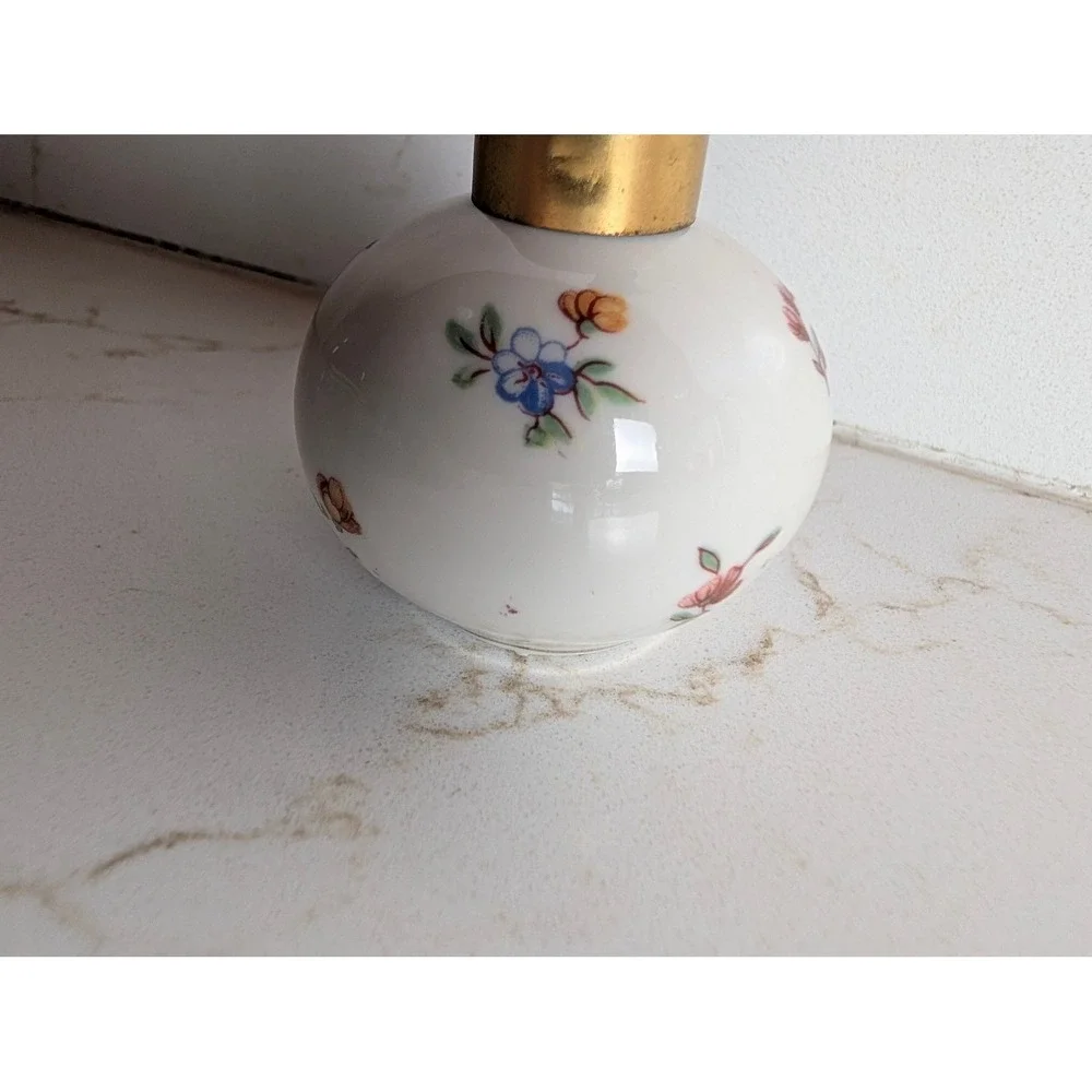 Vintage Floral Porcelain Perfume Atomizer White Ceramic Gold Tone Vanity Bottle